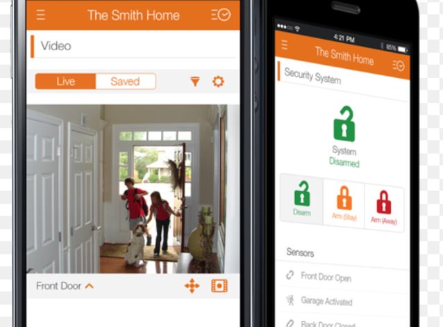 Two phones: one streaming a front door camera, one showing arm and disarm controls